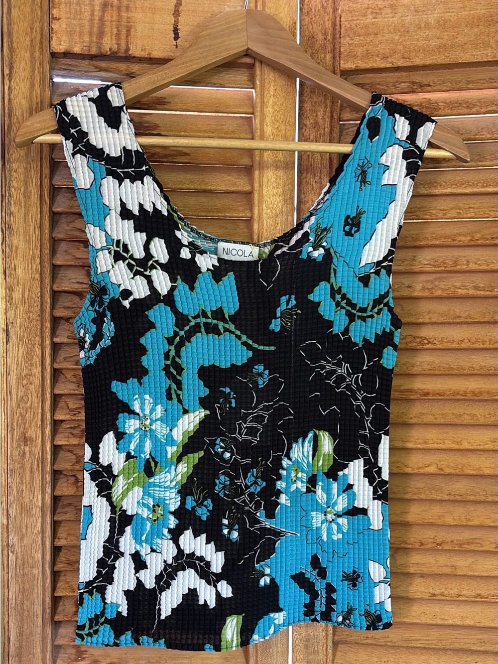 NICOLA Black, Teal & White Floral Ribbed Tank